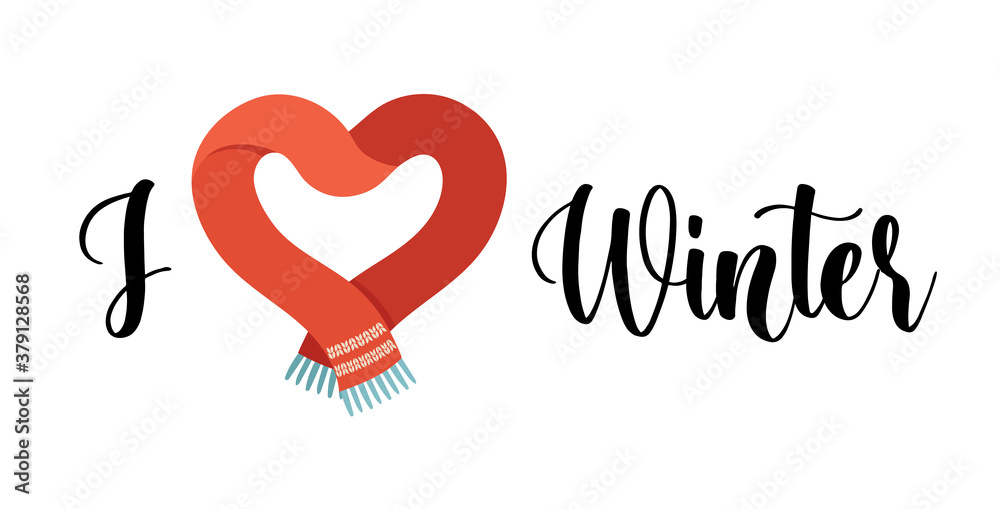 Winter love. I love winter card, sticker, icon with lettering and flat vector icon, isolated on white. Concept Christmas vector design Winter love. I love winter card, sticker, icon with lettering and flat vector icon, isolated on white. Concept Christmas vector design