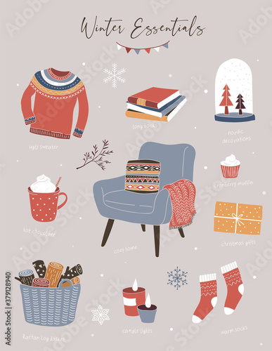 Nordic, Scandinavian winter elements and Hygge concept design, Merry Christmas card, banner, background, hand drawn vector illustrations