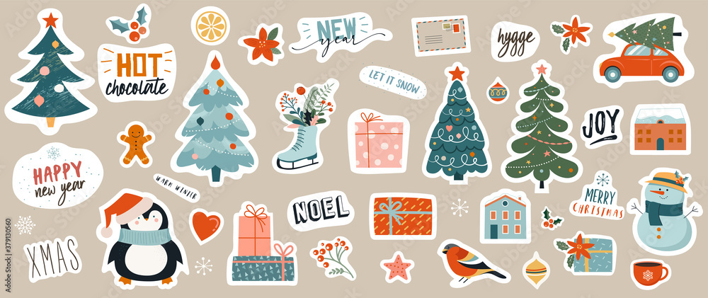 Collection of Christmas decorations, holiday gifts, winter knitted woolen clothes, ginger bread, trees, gifts and penguin. Colorful vector illustration in flat cartoon style.