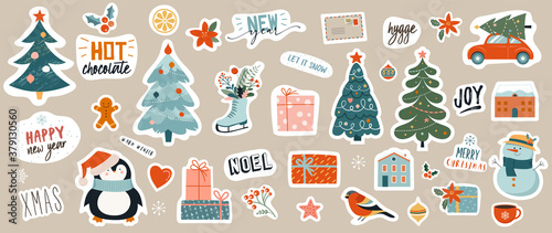 Collection of Christmas decorations, holiday gifts, winter knitted woolen clothes, ginger bread, trees, gifts and penguin. Colorful vector illustration in flat cartoon style.