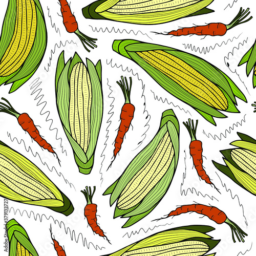 Corn and carrots on a white background. Vector seamless pattern.