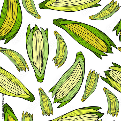 Ears of ripe corn on a white background. Vector seamless pattern. Autumn harvest of vegetables. Design for wrapping, paper, print.