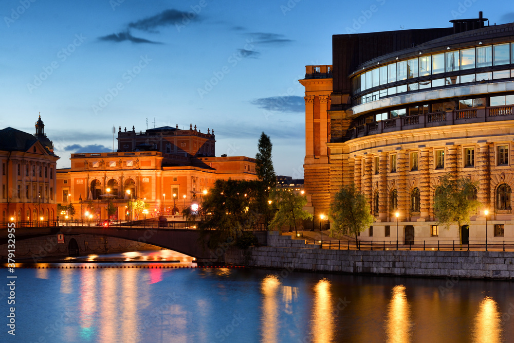 Landmark historic buildings in Stockholm illuminated at evening time