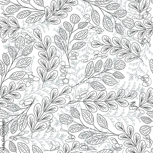 Cute leaves and plants vector seamless pattern for coloring page. Outlines plants on the white background. Design for fabric, card and wallpaper.