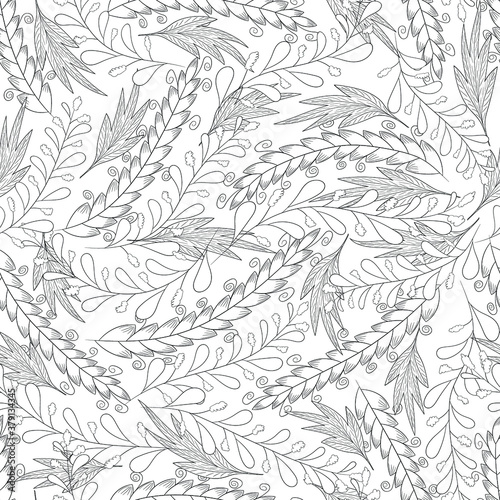 Monochrome outlines plants, leaves and ears wheat on a white background. Design for coloring page, fabric, print, card, wrapping, wallpaper. Vector. 
