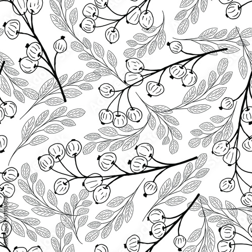 Hand drawn berries and leaves on a white background. Outlines vector seamless pattern. Design for fabric, print, wrapping. 