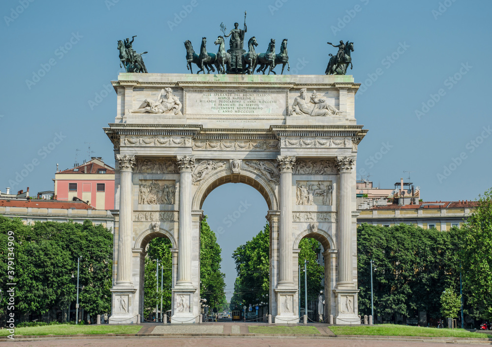 The neoclassical Arch of Peace, a triumphant arch located at Sempione Gate, one of Milan’s many city gates, in Lombardy, Italy