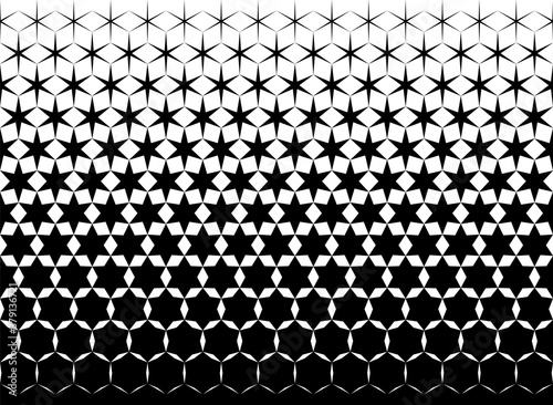 Geometric pattern of black hexagones and stars on a white background. Option with a middle fade out.13 figures in height