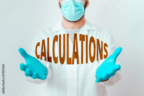 Handwriting text Calculations. Conceptual photo mathematical determination of the size or number of something Laboratory Technician Featuring Empty Sticker Paper Accessories Smartphone