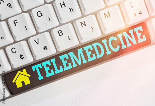 Text sign showing Telemedicine. Business photo showcasing practice medicine when the examining and patient are separated Different colored keyboard key with accessories arranged on empty copy space photo