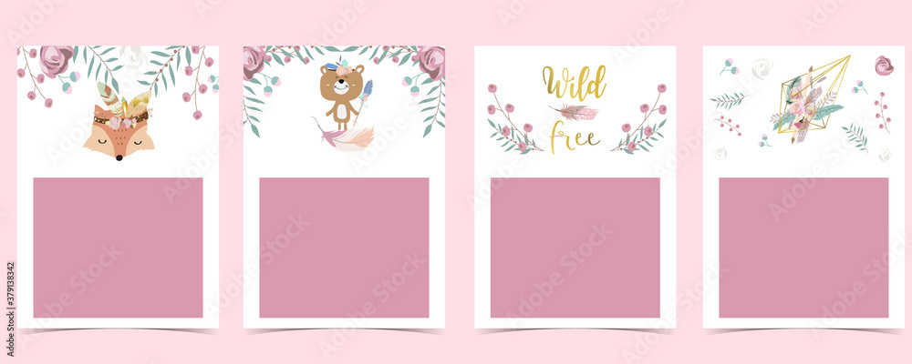 Boho pink invitation card with animal,leaf,wreath,feather and frame for birthday, baby shower postcard,poster,background