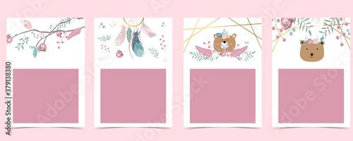 Boho pink invitation card with animal,leaf,wreath,feather and frame for birthday, baby shower postcard,poster,background