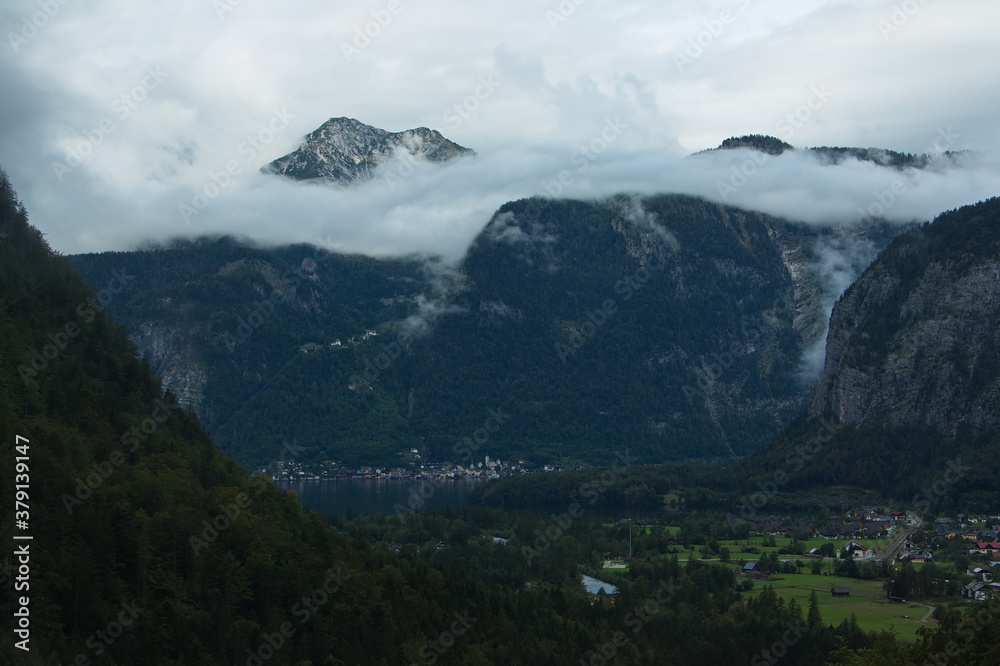 View of Obertraun,Hallstatt and Lake Hallstatt from the cable car to Mount Krippenstein in Upper Austria,Europe
