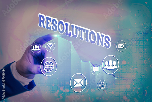 Writing note showing Resolutions. Business concept for the act of analyzing a complex notion into simpler ones Arrow symbol going upward showing significant achievement photo