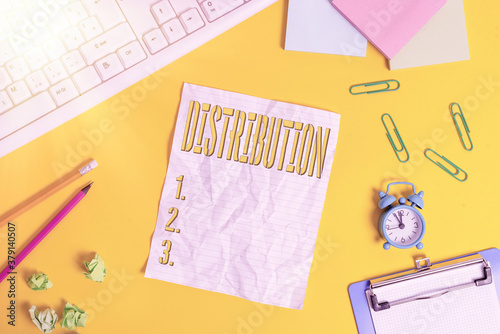 Fototapeta Naklejka Na Ścianę i Meble -  Writing note showing Distribution. Business concept for position, arrangement, or frequency of occurrence over an area Flat lay above copy space on the white crumpled paper