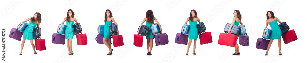 Woman traveller with suitcase isolated on white Woman traveller with suitcase isolated on white