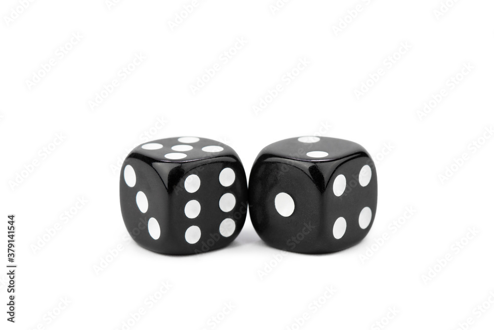 black dice with contrasting dots, isolate on a white background black dice with contrasting dots, isolate on a white background