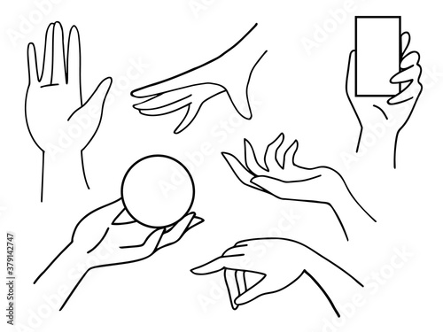 Outlined vector set. Female hands in different poses and shapes. Holding objects and no. Elegant, charming. Making magic moove. For advertising, packaging. Cosmetic and perfumery use.