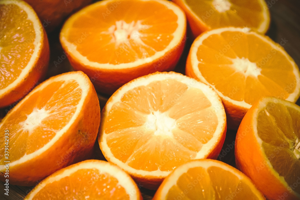 Bunch of fresh sliced oranges on a tray Bunch of fresh sliced oranges on a tray