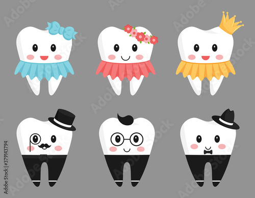 Fototapeta Naklejka Na Ścianę i Meble -  Set of 6 teeth characters. Girls in a dress and with a wreath, crown and bow. Boys with glasses and hats. The design elements in funny cartoon style.Pediatric dentistry.Healthy teeth. Isolated on gray