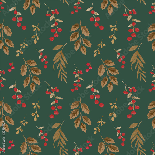 Seamless Christmas pattern with red holly berry vector illustration. Elegant wallpaper gold leaves and snow. Vintage theme perfect for wrapping paper, holidays, textile, fabric, winter, and autumn.