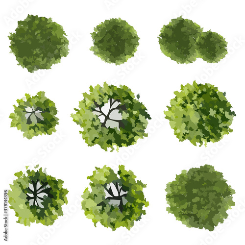Collection of abstract watercolor green tree top view isolated on white background for landscape plan and architecture layout drawing, elements for environment and garden.