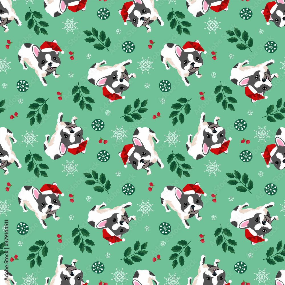 Christmas seamless pattern with french bulldog, holly berry for greeting cards, fabric, wrapping papers. Vector illustration. Puppy print perfect for holidays. Separate elements.