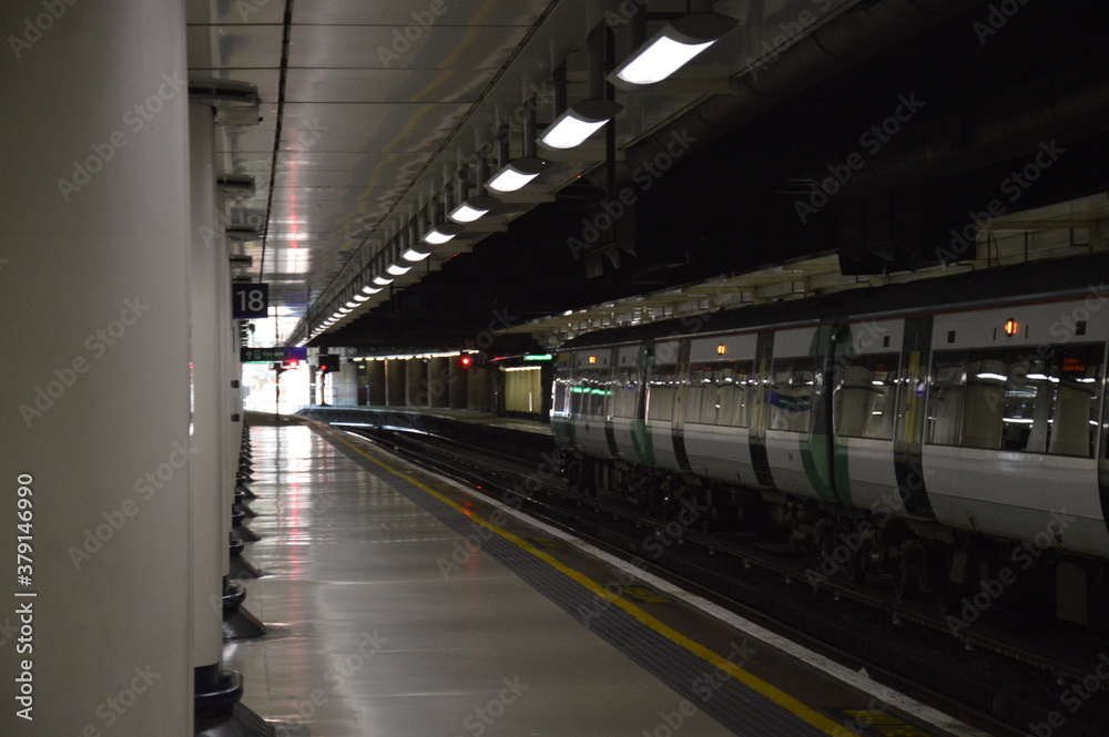 A train in a station at London, United Kingdom.