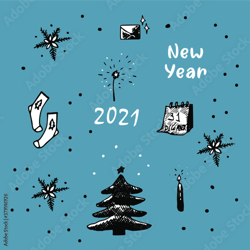 Set of christmas vector illustrations in hand drawn vintage style. Happy New Year. photo