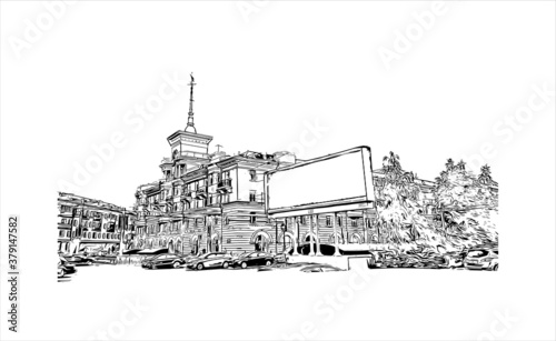 Building view with landmark of Barnaul is a city on the western banks of the Ob River in the Altai Krai region of Siberia. Hand drawn sketch illustration in vector.