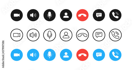 Video call buttons set. Collection of internet conversation buttons. A set of video communication elements.
