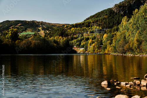 Fishermen at the river Hallingdalselva. The river that rund though Hallingdal, Norway. Fishing in the autumn. photo