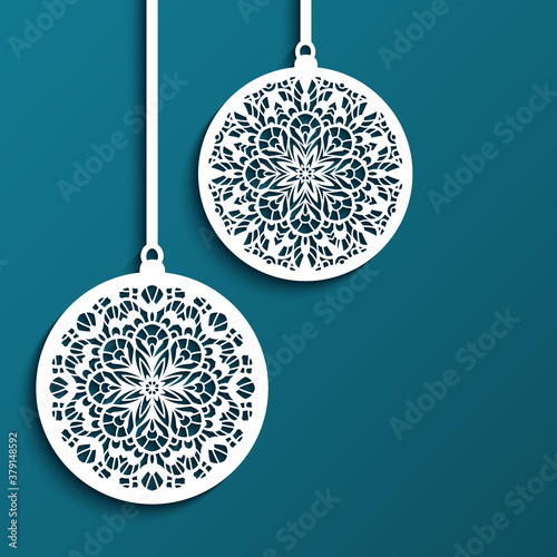 Christmas ornament with lace pattern, pair of cutout paper baubles hanging on ribbon, round Xmas decoration, swirly template for laser cutting.