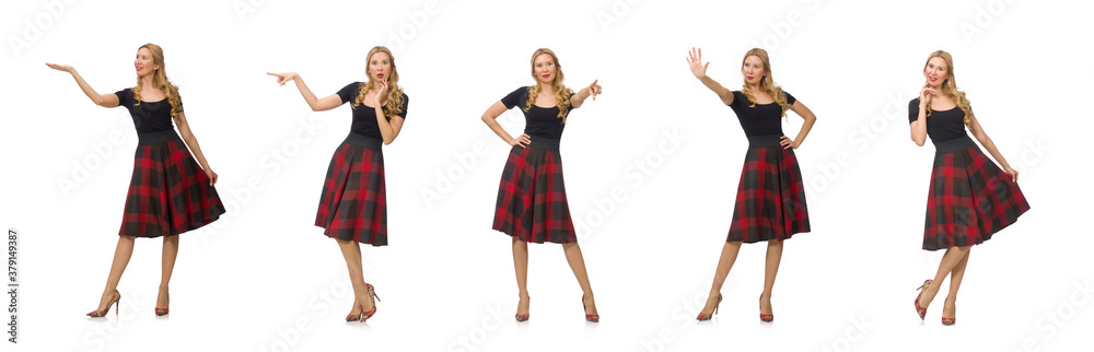 Beautiful young woman in plaid dress isolated on white Beautiful young woman in plaid dress isolated on white