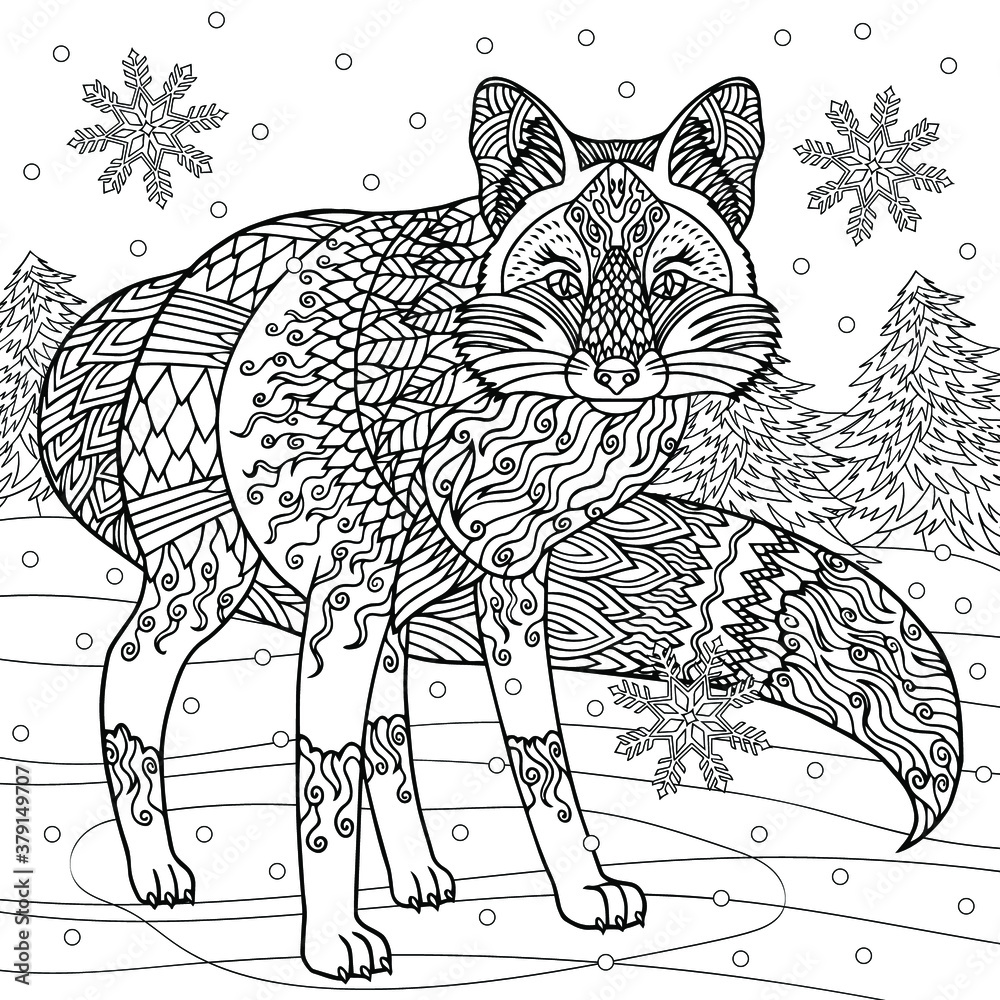 Wolf at forest in winter. Coloring book page. Isolated graphic of wild ...