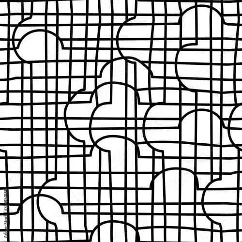 Hand-drawn Doodle geometric seamless pattern. The semi-circles and the intersection line. Black and white contour background. Vector illustration
