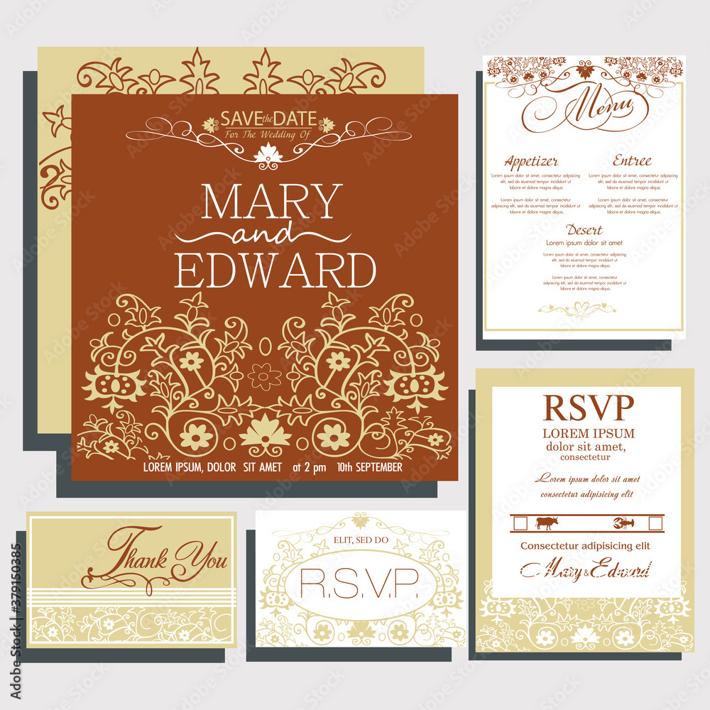 Wedding invitation card with decorative flower ornament, rsvp card, menu design. Basic RGB Wedding invitation card with decorative flower ornament, rsvp card, menu design. Basic RGB