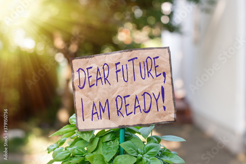Writing note showing Dear Future I Am Ready. Business concept for Confident to move ahead or to face the future Plain paper attached to stick and placed in the grassy land © Artur