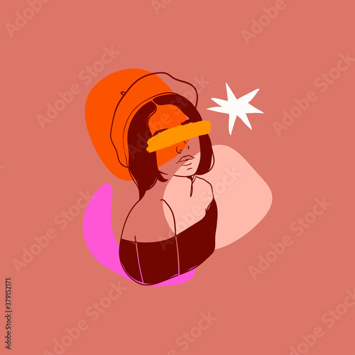 Hand drawn portrait of beautiful lady. Pretty young woman. Stylish fashion model. Fancy look. Brush stroke on the eyes. Trendy Vector illustration. Cool design. Print idea