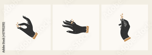 Set of three Elegant Female hands holding and showing the Rings with a sparkling Diamonds. Wedding, jewelry, engagement concept. Hand drawn trendy colored Vector illustration. Isolated cards