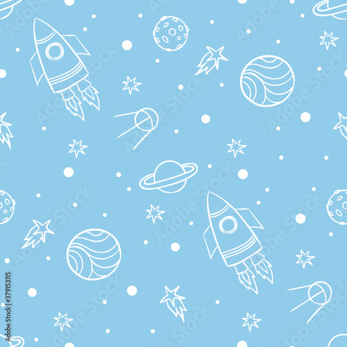 Seamless space pattern. Planets, rockets and stars. Cartoon spaceship icons. Kid's elements for scrap-booking. Children's background. Hand drawn vector illustration. (ID: 379153115)