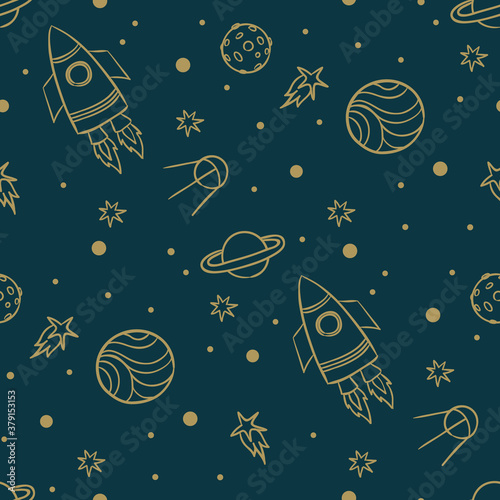 Seamless space pattern. Planets, rockets and stars. Cartoon spaceship icons. Kid's elements for scrap-booking. Children's background. Hand drawn vector illustration. (ID: 379153153)