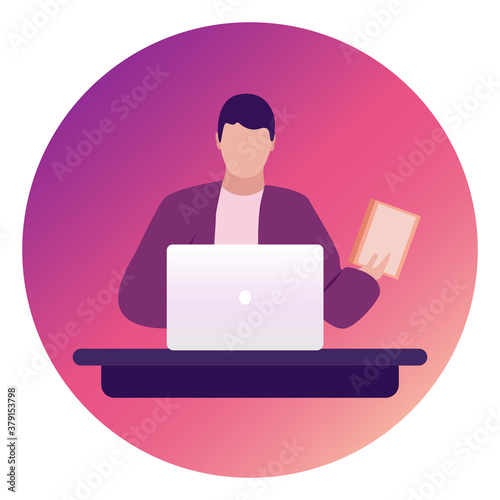 Vector illustration of a boy studying online through a laptop. Distance education for schoolchildren and students. Online school education concept. Character in flat cartoon style