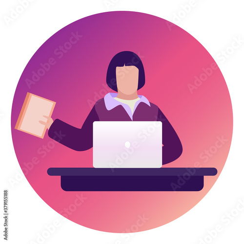 Vector illustration of a girl studying online through a laptop. Distance education. Online school education concept. Character in flat cartoon style