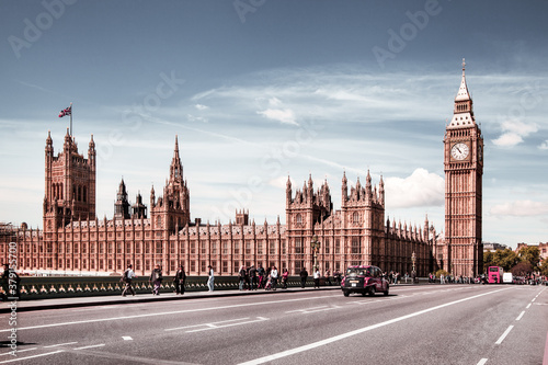 Big Ben  Houses of Parliament and Westminster bridge on Thames river. London  UK 