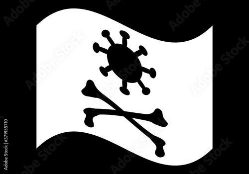 Bandera pirata del coronavirus ondeando sobre fondo negro