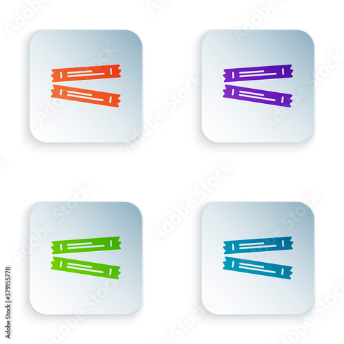 Color Sugar stick packets icon isolated on white background. Blank individual package for bulk food products as coffee, salt, spices. Set colorful icons in square buttons. Vector.