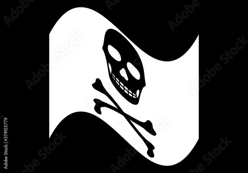 Bandera pirata con calavera y huesos en negro sobre blanco y fondo negro