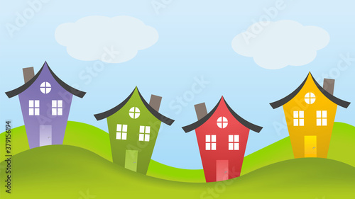 Cute houses in a row on green hills. Vector illustration. EPS10.