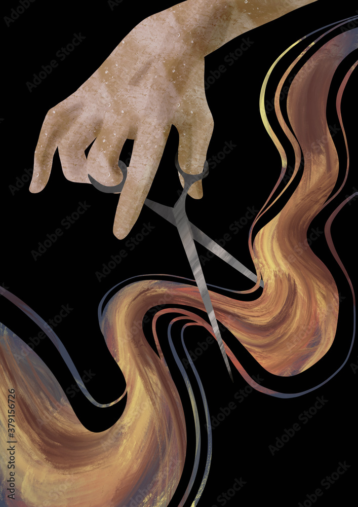 Naklejka premium Barber's hand with scissors. Fashion illustration. Design for postcards, signs, posters, beauty salon, hairdresser. Texture illustration.